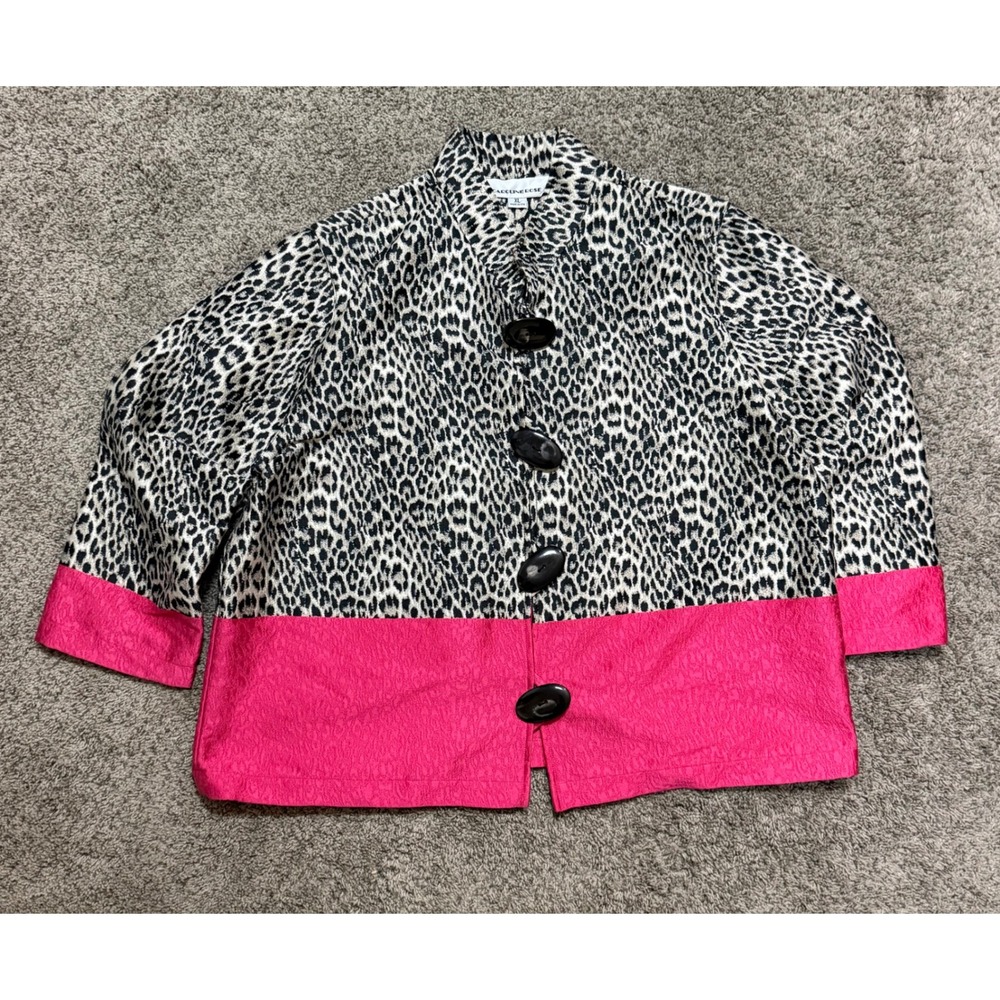 Caroline Rose Leopard Print Pink Colorblock Button Front Jacket XL Made in USA